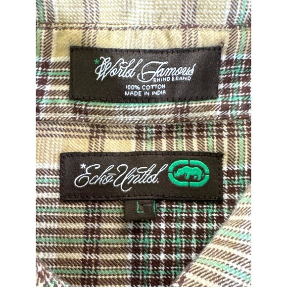 Ecko Unlimited mens Large Plaid Button-Up Short Sleeve tan multi color - Picture 4 of 16